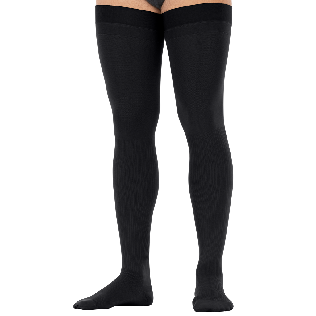 JOBST forMen Compression Socks 15-20 mmHg Thigh High, with Micro Dotted Band, Closed Toe, Black, Small