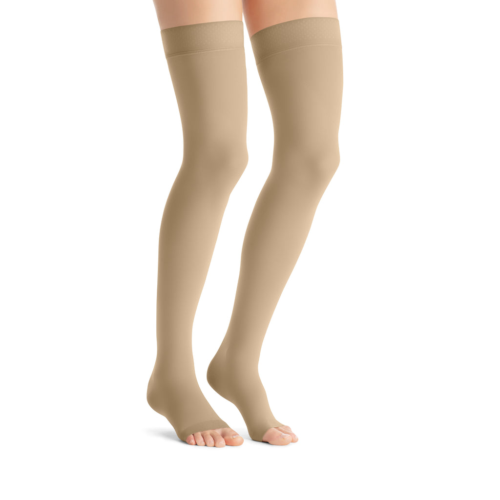 JOBST Opaque Compression Stockings 15-20 mmHg Thigh High, with Silicone Dot Band, Open Toe, Natural, Medium Petite