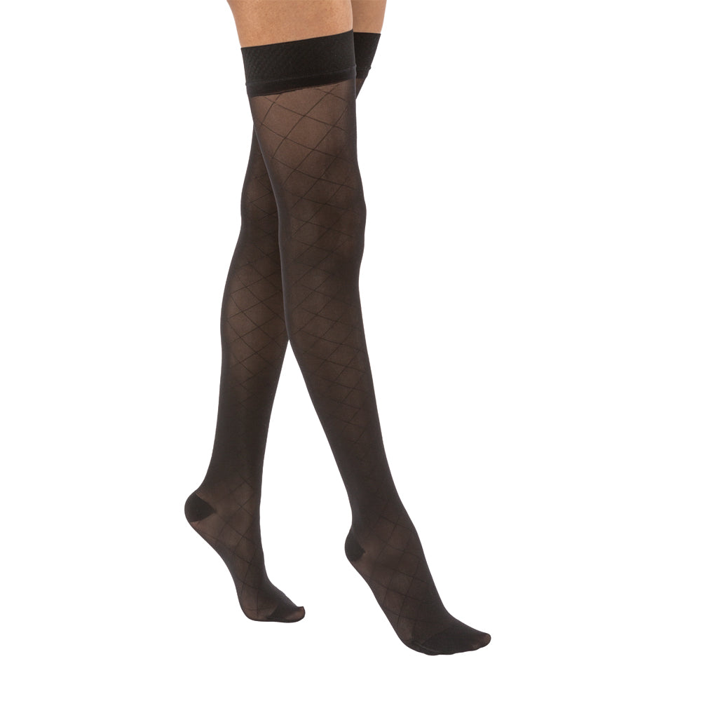 JOBST UltraSheer Diamond Pattern Compression Stockings 15-20 mmHg Thigh High, with Silicone Dot Band, Closed Toe, Classic Black, Large