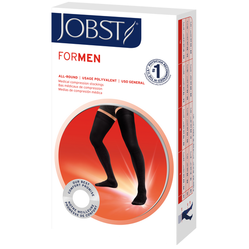 JOBST forMen Compression Socks 20-30 mmHg Thigh High, with Micro Dotted Band, Closed Toe, Black, Small