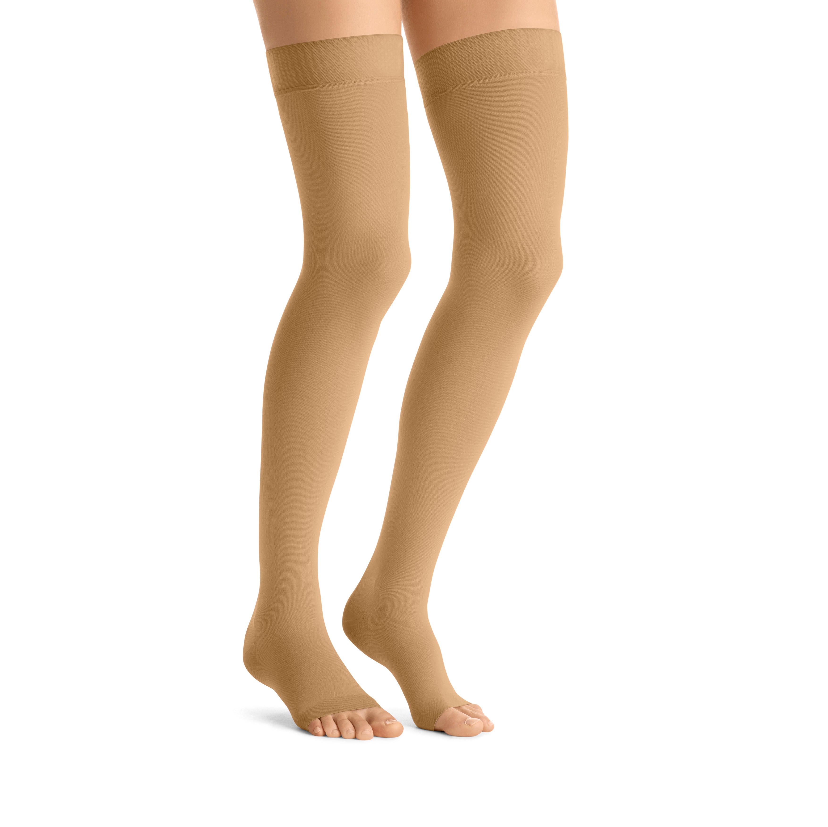 JOBST Opaque Compression Stockings 20-30 mmHg Thigh High, with Silicone Dot Band, Open Toe, Honey, Medium