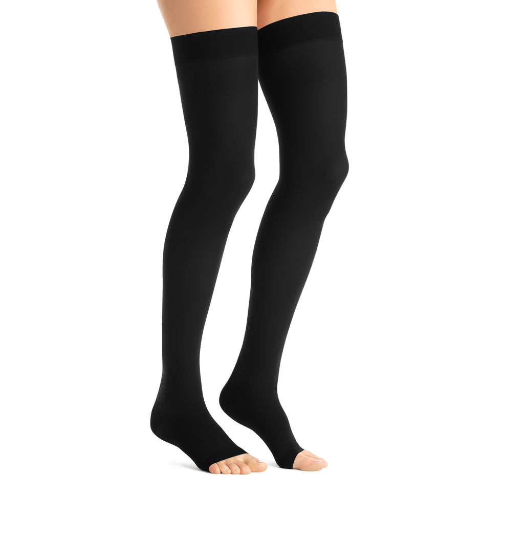 JOBST Opaque Compression Stockings 20-30 mmHg Thigh High, with Silicone Dot Band, Open Toe, Classic Black, Small